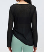 Women’s Thin Semi-Sheer Top - Drawstring Waist, Long Sleeve, Yoga & Athleisure