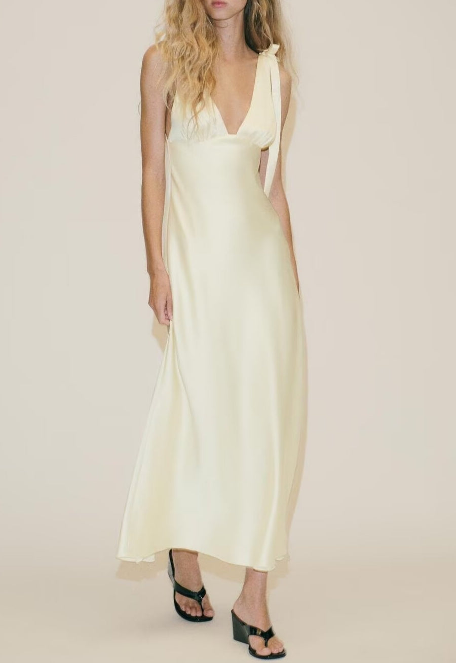 Women’s Satin Bowknot V-Neck Maxi Dress