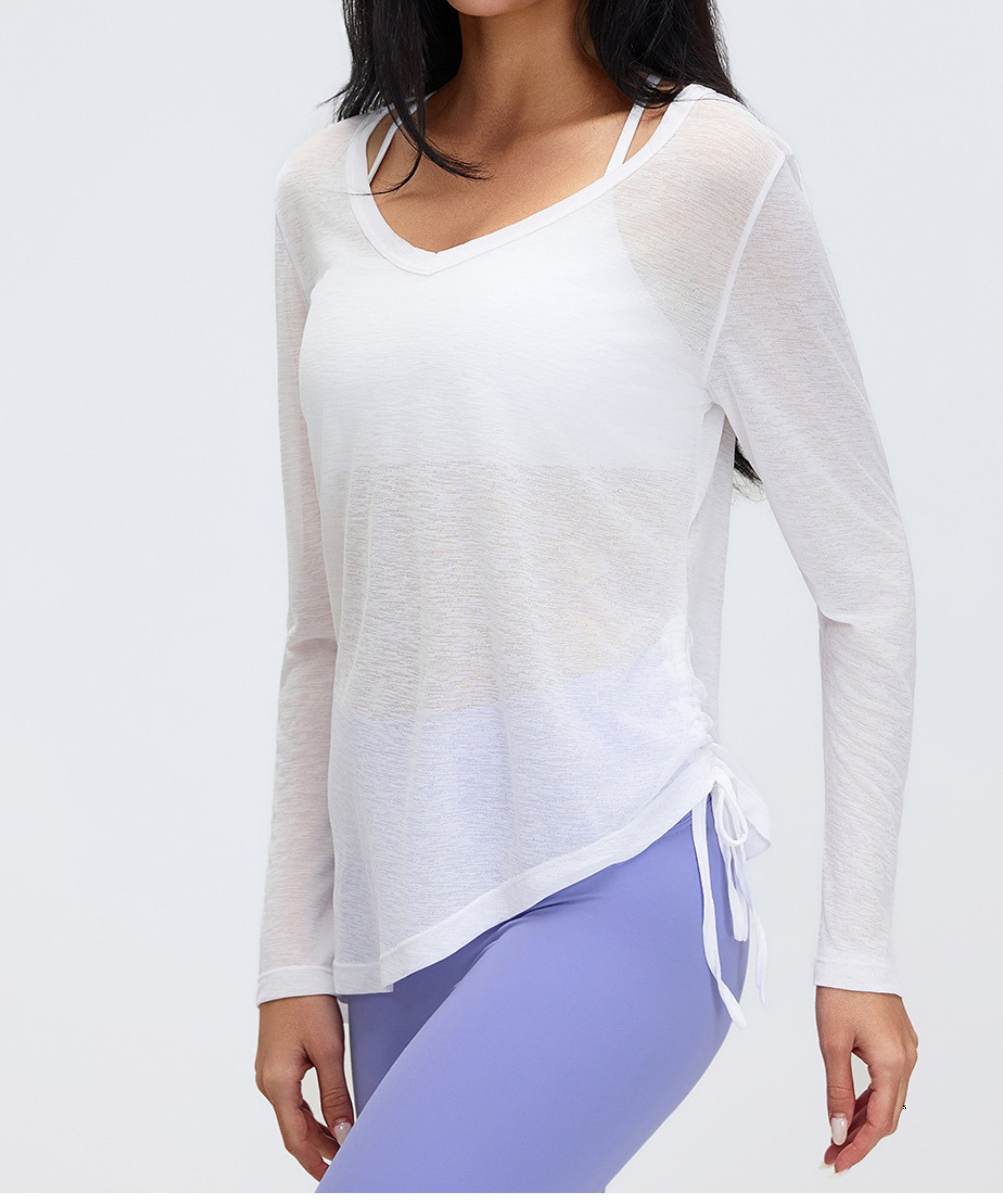 Women’s Thin Semi-Sheer Top - Drawstring Waist, Long Sleeve, Yoga & Athleisure