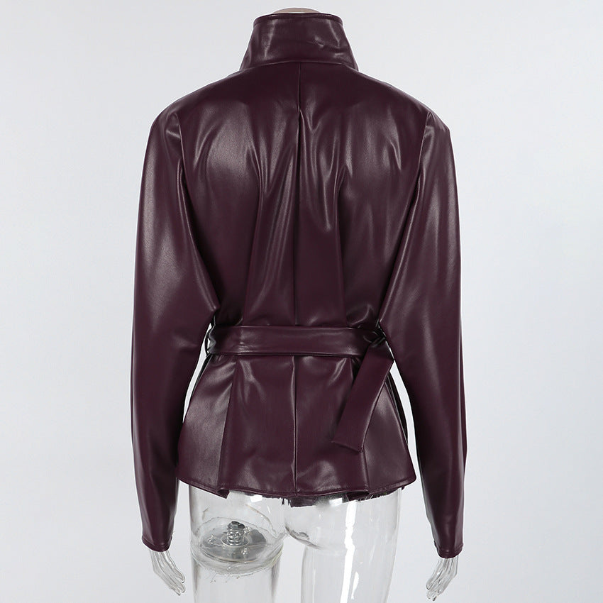 Women's Faux Leather Coat - Burgundy (dark red wine tone)