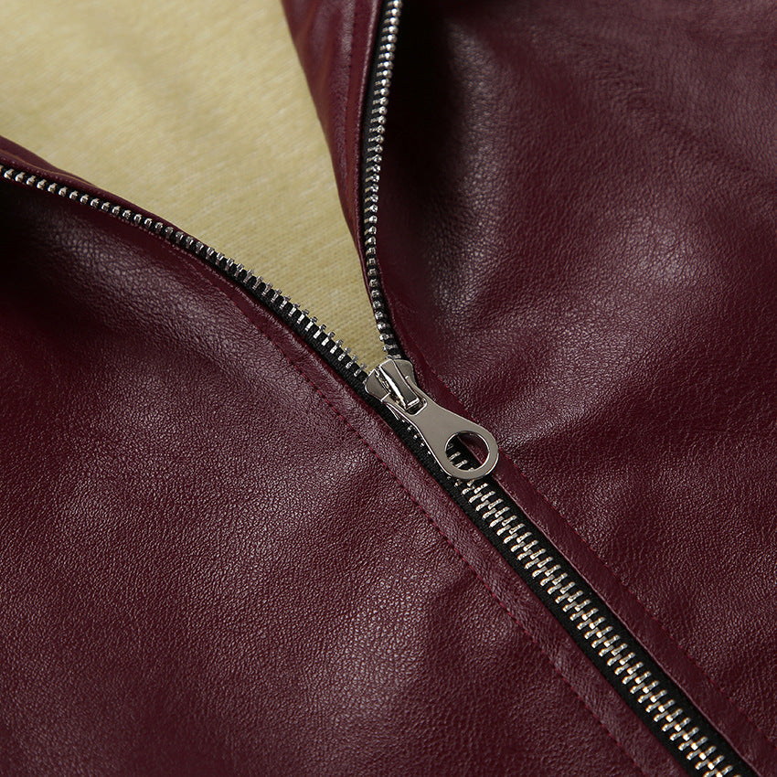 Women's Baggy Faux Leather Jacket - Burgundy (dark red wine tone)