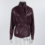 Women's Faux Leather Coat - Burgundy (dark red wine tone)