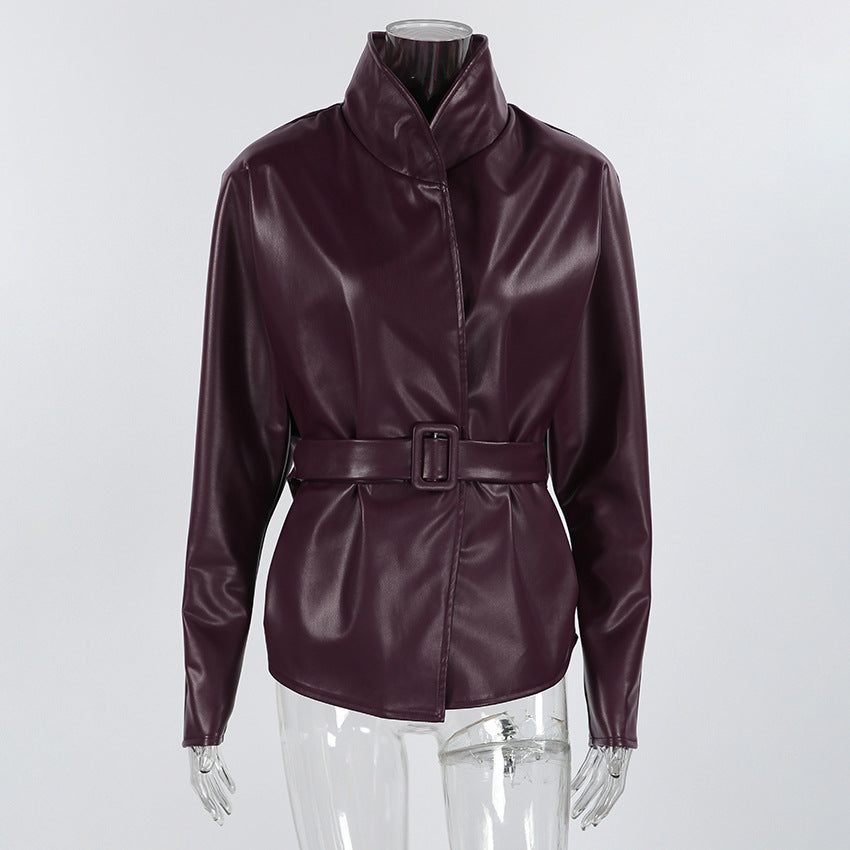 Women's Faux Leather Coat - Burgundy (dark red wine tone)