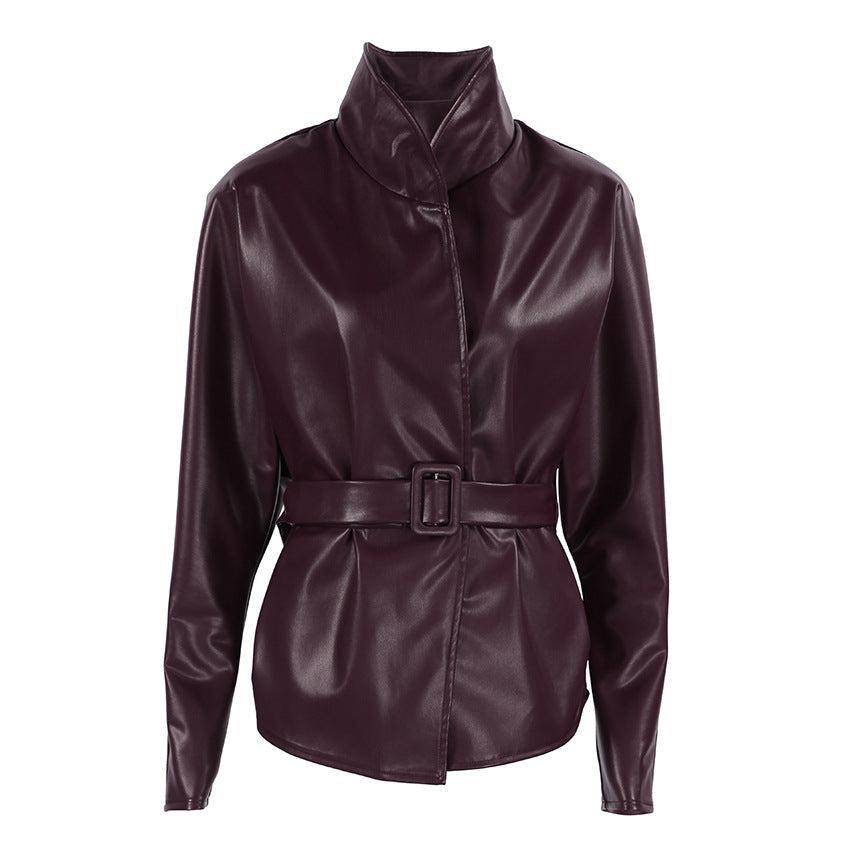 Women's Faux Leather Coat - Burgundy (dark red wine tone)