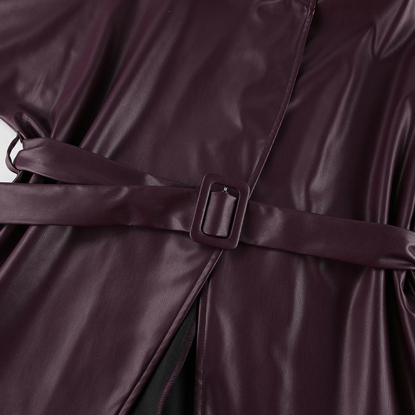 Women's Faux Leather Coat - Burgundy (dark red wine tone)