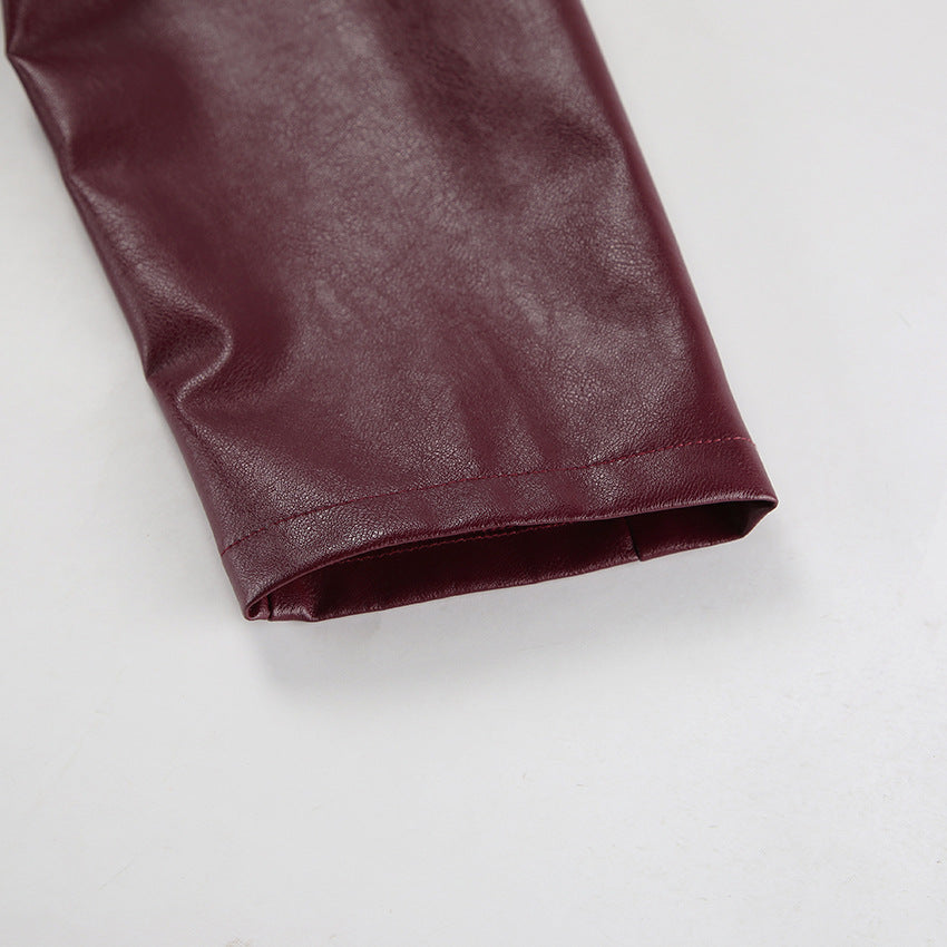 Women's Baggy Faux Leather Jacket - Burgundy (dark red wine tone)