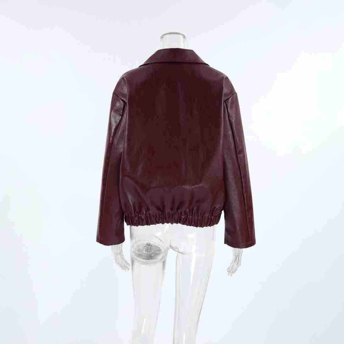 Women's Baggy Faux Leather Jacket - Burgundy (dark red wine tone)