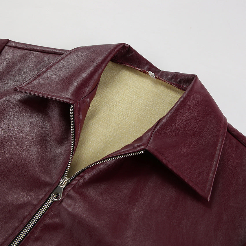 Women's Baggy Faux Leather Jacket - Burgundy (dark red wine tone)