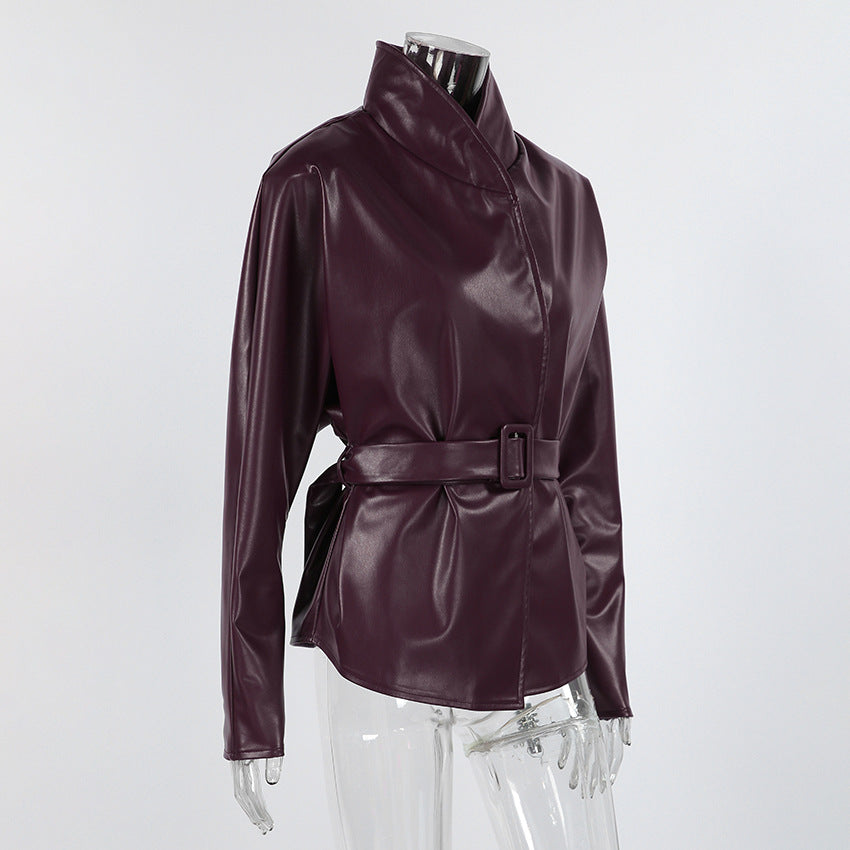 Women's Faux Leather Coat - Burgundy (dark red wine tone)