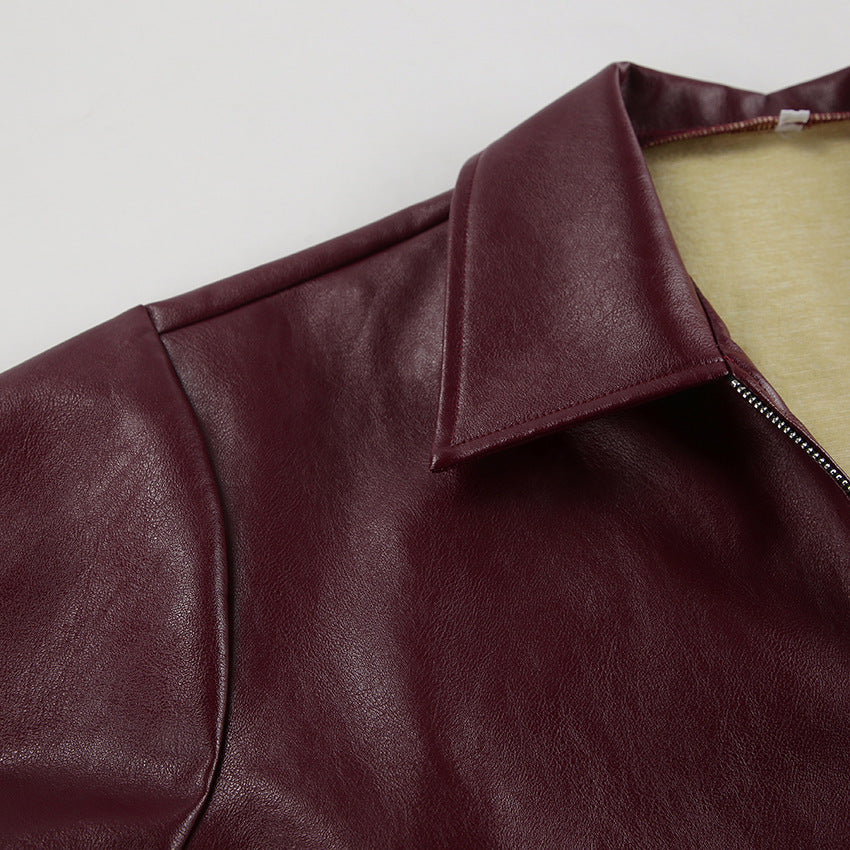 Women's Baggy Faux Leather Jacket - Burgundy (dark red wine tone)