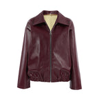 Women's Baggy Faux Leather Jacket - Burgundy (dark red wine tone)