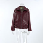 Women's Baggy Faux Leather Jacket - Burgundy (dark red wine tone)