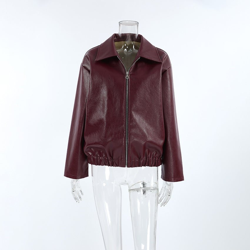 Women's Baggy Faux Leather Jacket - Burgundy (dark red wine tone)