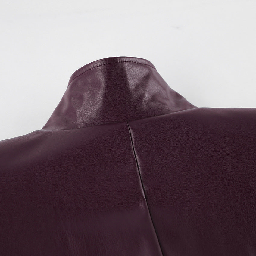 Women's Faux Leather Coat - Burgundy (dark red wine tone)