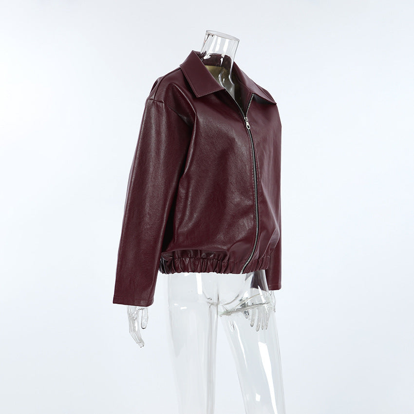 Women's Baggy Faux Leather Jacket - Burgundy (dark red wine tone)