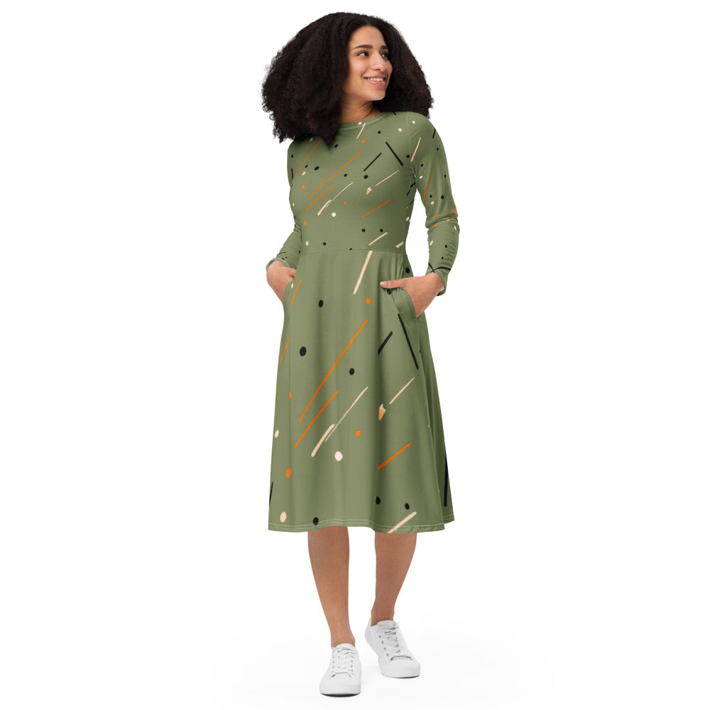 Women's Abstract Print Long Sleeve Midi Dress