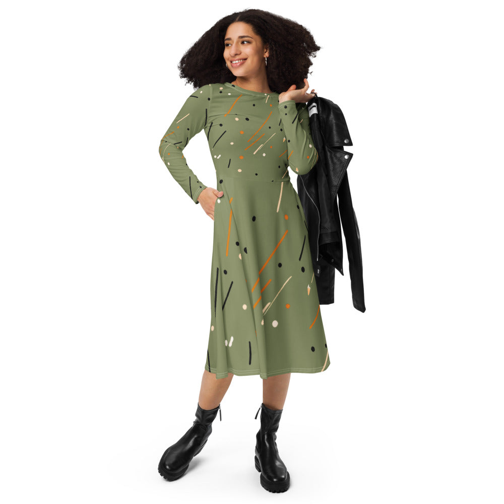 Women's Abstract Print Long Sleeve Midi Dress