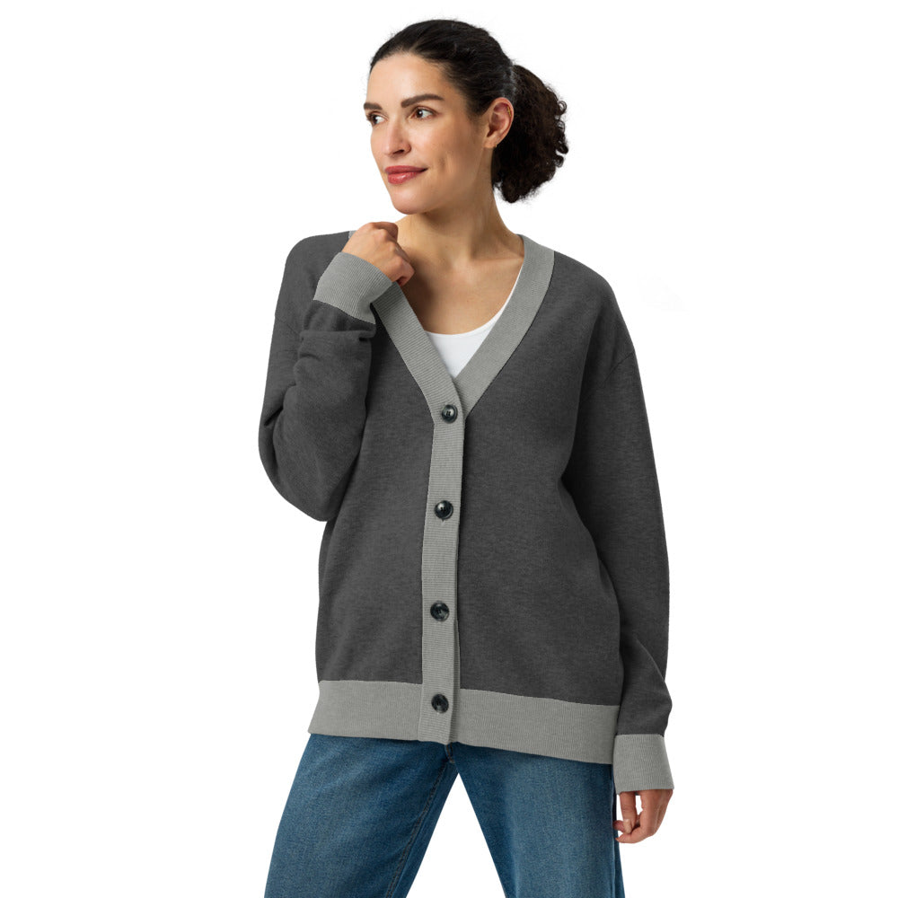 Unisex Grey Dual-Tone V-Neck Jacquard Knit Cardigan