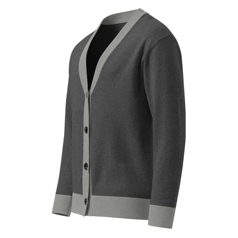 Unisex Grey Dual-Tone V-Neck Jacquard Knit Cardigan